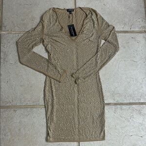 Fashion Nova Tan Ribbed Long Sleeve Bodycon Dress